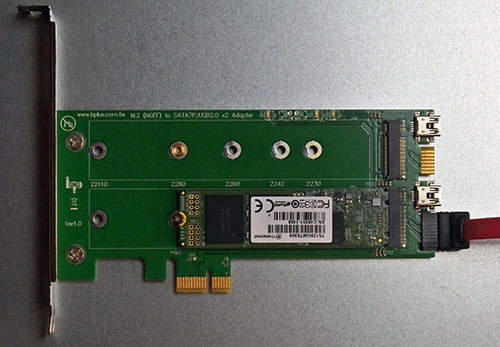 M2PS : PCIeスロット搭載用SATA-M.2 SATA SSD x2アダプタ。 デスクトップPCでM.2 NGFF SATA SSDが利用可能。標準7ピンSATAポートに変換。M.2モジュールのキーはKeyBもしくはKey B/M。2230,2242,2260,2280,22110サイズに対応しすべてのM.2 SATA SSDが利用できます。