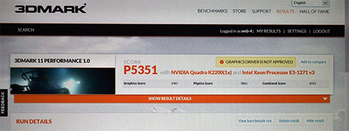 Quadro K2200の3DMark 11のスコア5351。