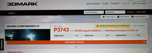 Quadro K620の3DMark 11のスコア3743。