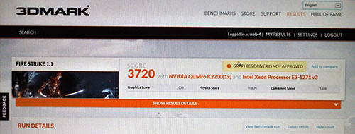 Quadro K2200の3DMark FireStrikeのスコア3720。
