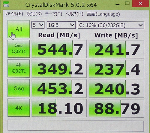 CrystalDiskMark3.0でのストレージベンチマークスコア。（Cドライブ256GB　SSD）<br />読み込み544.7と高速なSSDならではのハイスコア。