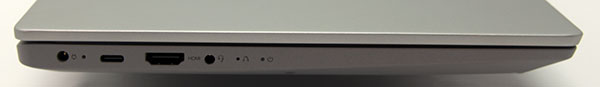本体左側部。左から電源コネクタ、 USB3.0 Type-C （PD 対応)、HDMI、マイクロフォン/ヘッドフォン・コンボ・ジャック