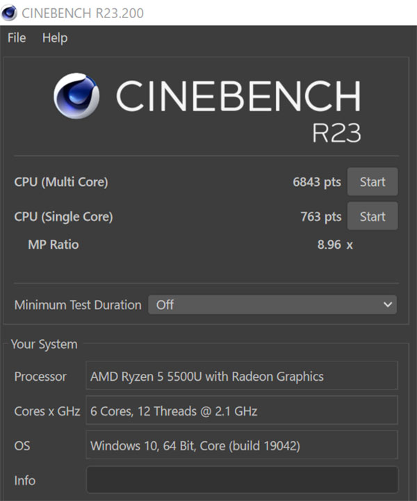 CINEBENCH　CPUスコア　AMD Ryzen 5 5500Uプロセッサーのスコア。
評判通りの高いスコアになり特にマルチコアスコアが優れている。