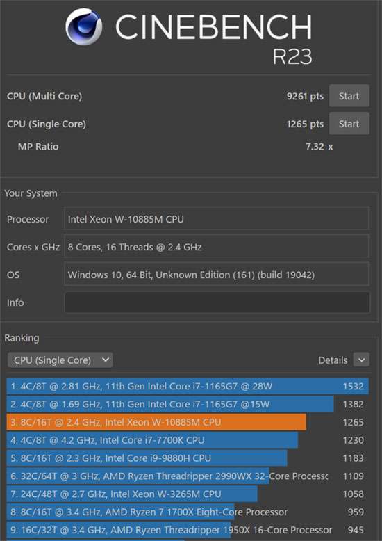 CINEBENCH　CPUスコア　第2世代インテルXeon W-10885Mプロセッサーのスコア。