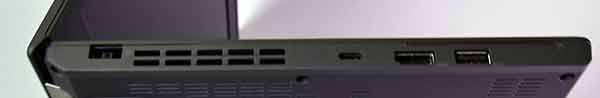 本体左側面。左から電源コネクター、ファン放熱孔、 USB Type-C コネクター、Mini DisplayPort コネクター、