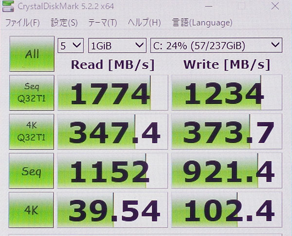 CrystalDiskMark5.0でのストレージベンチマークスコア。（Cドライブ256GB　SSD（PCIe-NVMe））