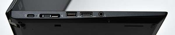 本体左側面。左から USB Type-C コネクター、USB-C コネクター(Thunderbolt 3 対応)、イーサネットの拡張コネクターGen 2、ドッキング・ステーション・コネクター、USB 3.1 コネクターGen 1、HDMI コネクター、オーディオ・コネクター