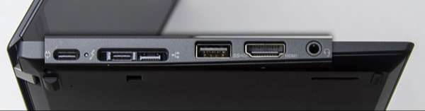 ↓本体左側部。左からUSB 3.1 Gen 1 Type-C(電源と共用)、USB 3.1 Gen 2 Type-(Thunderbolt 3)、イーサネット拡張コネクター2
