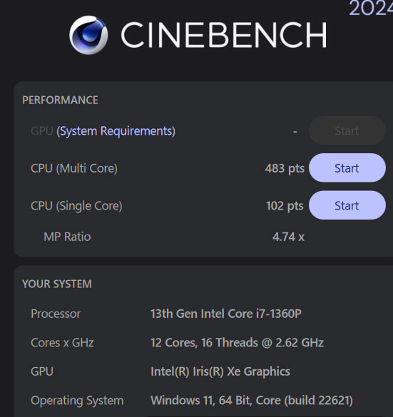 新しくなったCINEBENCH　2024版のCPUスコア　インテル Core i7-1360P プロセッサーのスコア。
旧バージョンのR23とはシステム違う為比較出来なくなりました。
シングルスコア102は、上位から４位に位置されています。