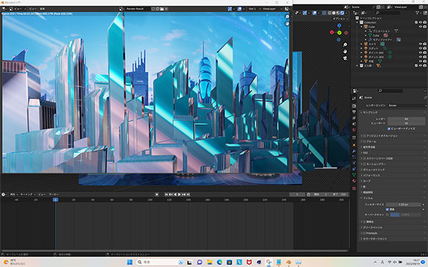 画面は筆者がblenderで制作した近未来都市イメージを、光沢感ある建物を回転させながら光の変化をデザイン、レンダリング中の制作画面になります。