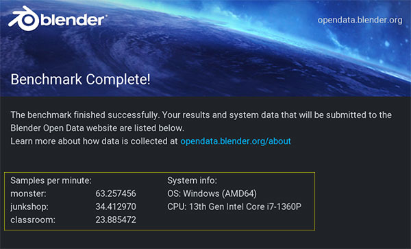 インテル Core i7-1360P+インテル Iris Xe グラフィックスGPUでのスコア