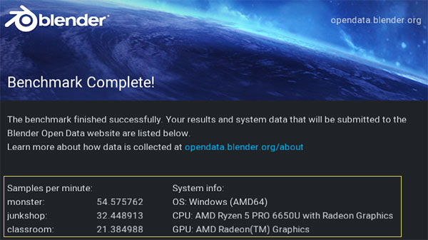 3Dソフトのblenderのスコア（最新版3.3.0）AMD Ryzen 5 PRO 6650U+Radeon GPUでのスコア